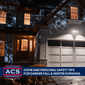 Home exterior at dusk with porch and floodlight illuminated - Home and Personal Safety Tips for Darker Fall and Winter Evenings
