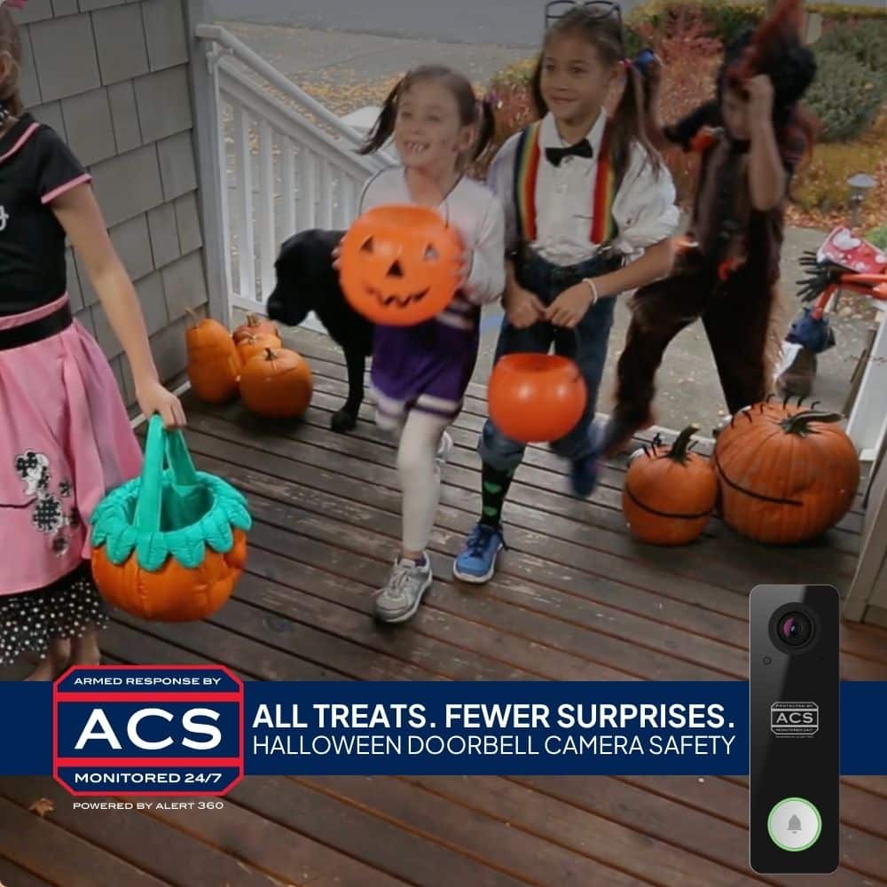 Trick-or-treaters on a decorated front porch with an ACS video doorbell - Halloween Doorbell Camera Safety