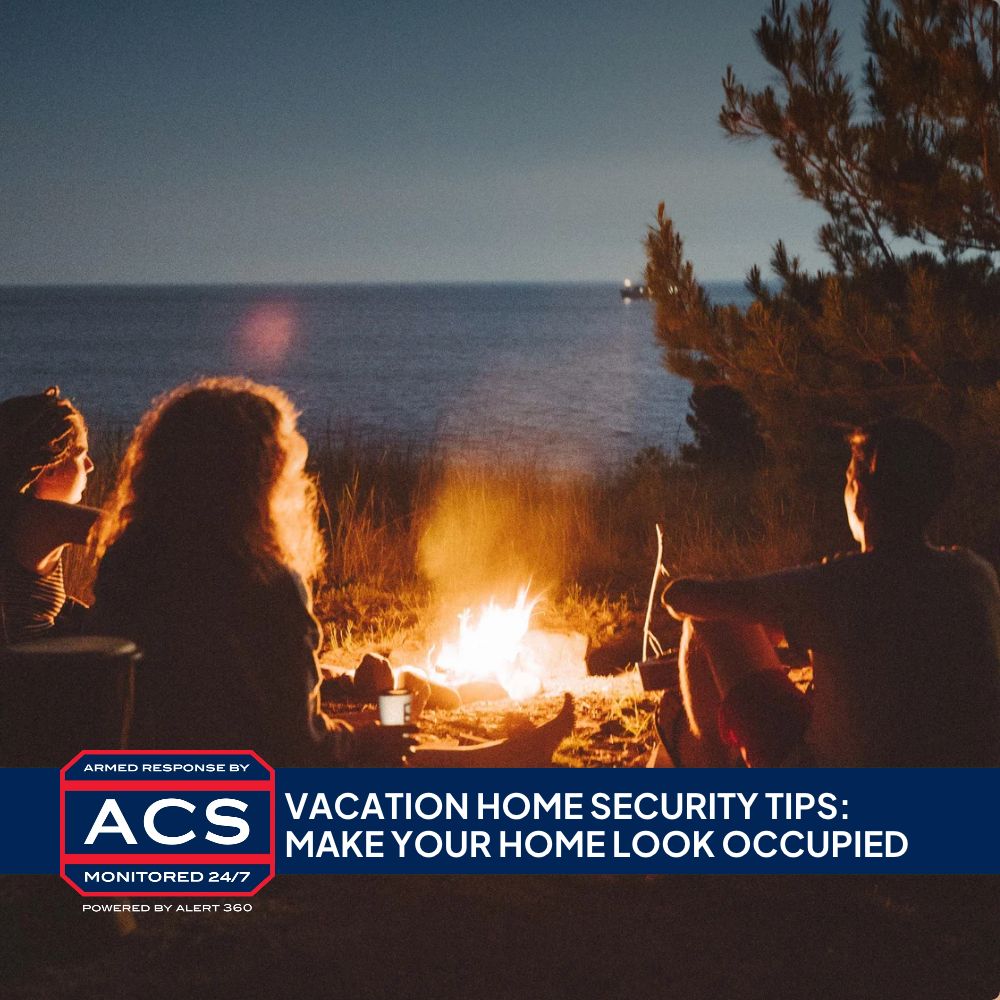 Friends around a beachside campfire at night with the ACS Security badge and the headline Vacation Home Security Tips
